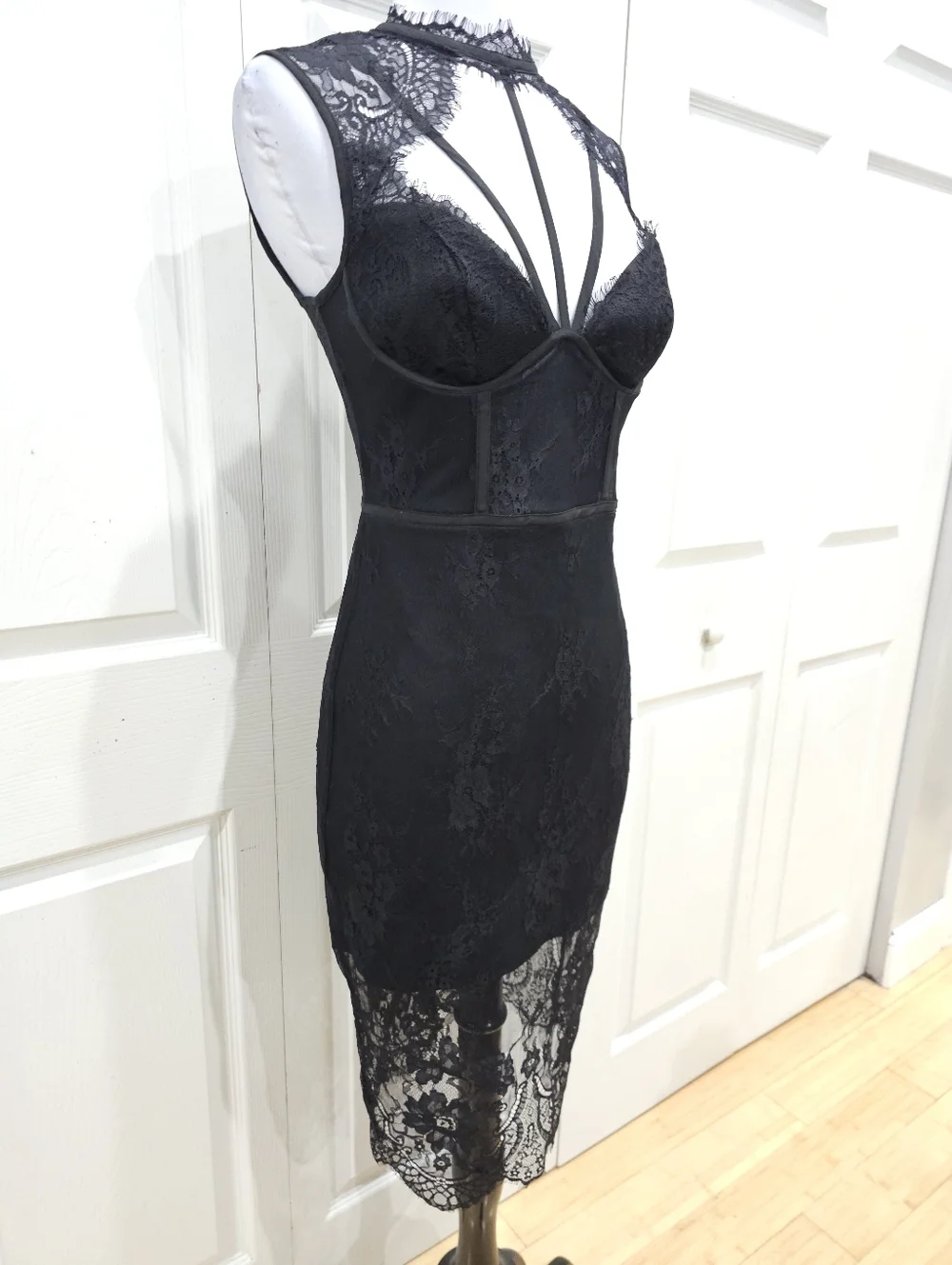 Vintage Y2K Goth Witchy Sexy Bebe Strappy Lace Corset Style Little Black Dress 2 - Picture 15 of 16